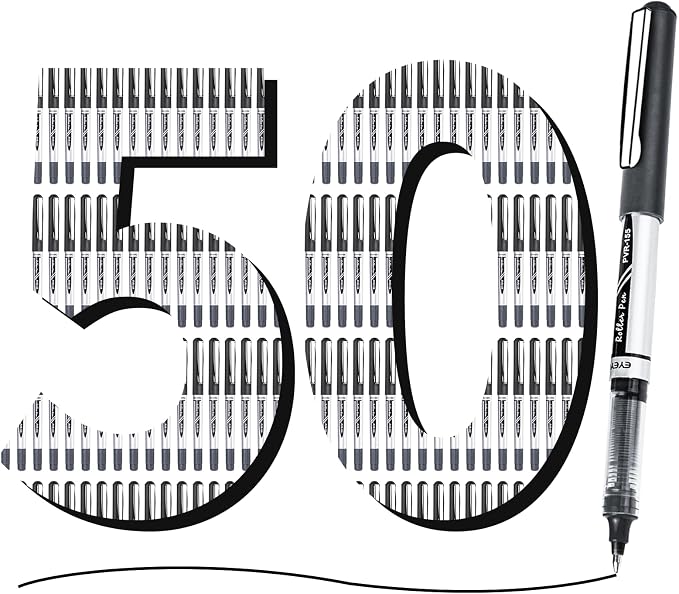 EYEYE 50 Pack 0.7mm Black Rollerball Pens, Medium Point Roller Ball Pen Quick Dry, Liquid Ink Pens Fine Point Smooth Writing Pen for Journaling, Note Taking, Office and School Supplies
