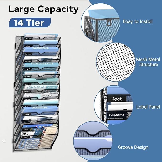 14-Tier Wall File Organizer and Hanging File Organizer, Black | Wall Organizer and Wall Mounted File Holder with 14 Pockets and Label Panels for Files, Mail, Folders, Magazines and Paper