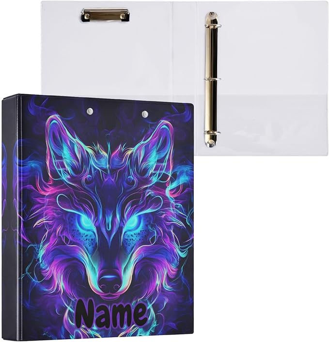 Custom 3 Ring Binder Mystical Wolf Face 1.5" Round Ring Binders Personalized Name View Binder with 200 Sheet for Kids School Supplies Women Men Office, 1 Pack