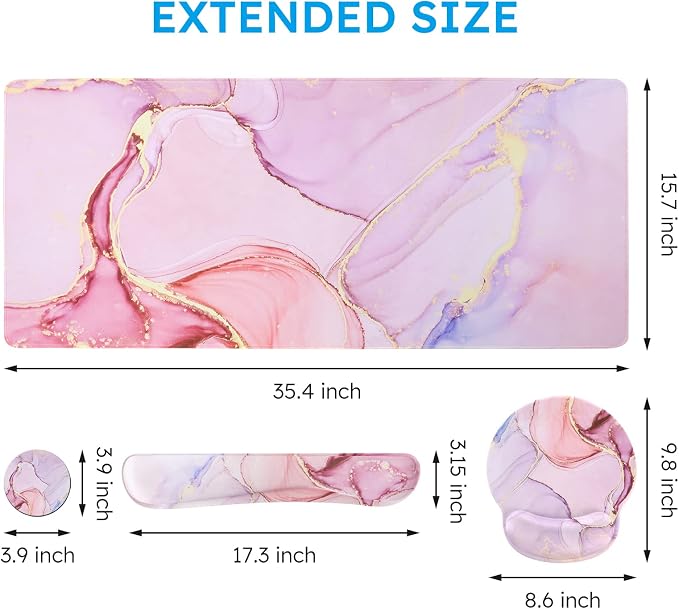 iCasso Glitter Marble Computer Mat 35.4"x15.7", Table Mat for Gaming | Elegant Home Ergonomic Desk Pad with Keyboard Wrist Rest, Mousepad Set for Students Computer Office Workspace Area