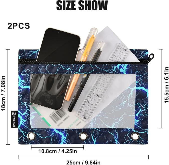 Dark Blue Electric Lightning Pencil Pouch for 3 Ring Binder, 2 Pack Waterproof Pencil Bags Clear Window Zipper School Office Supplies