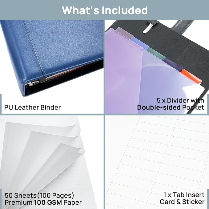POPRUN 2 Inch PU Leather Portfolio Binder, Letter Size, Blue | 2" Ring, Letter Size, PU Leather, Dividers, Document Organizer, Business, Meetings, Office