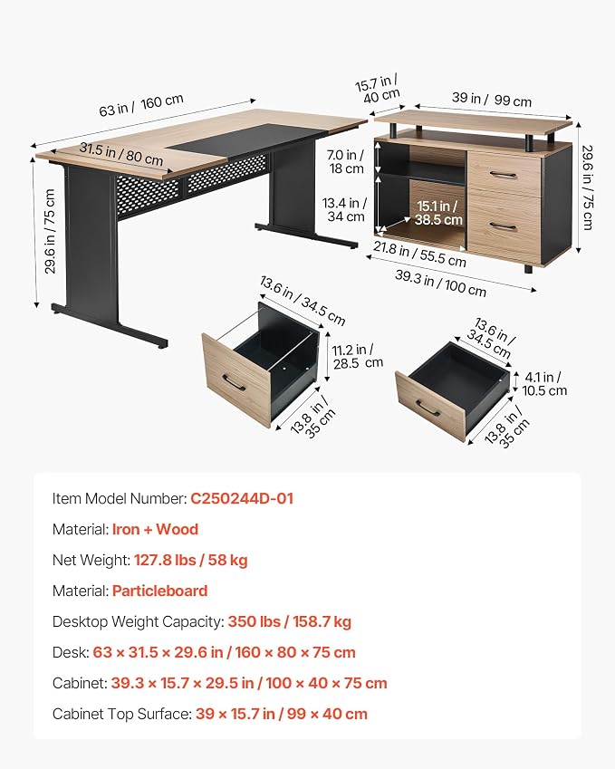 VEVOR 63" L-Shaped Executive Desk, Large Office Desk with Drawers, File Storage Cabinet, Detachable 350 LBS Load Capacity Corner Table, Easy Assembly, Business Furniture Workstation for Home Office