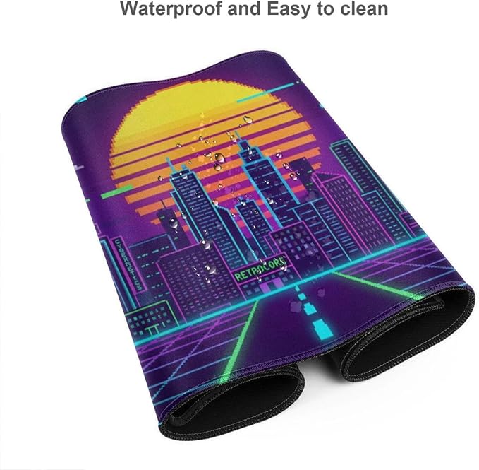 XXL Extended Gaming Mouse Pad, Cyberpunk Neon Synthwave Desk Mat Pixel | Retro Pixel Art Sunset Design with Stitched Edges & Non-Slip Rubber Base, Large Keyboard Mat for Gaming PC, Office Setup