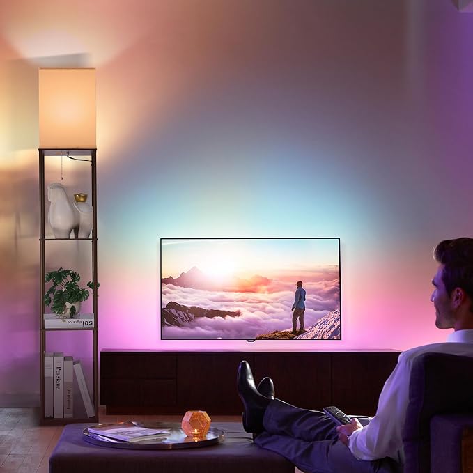 Gupuzm Floor Lamp with Shelves, with Modern Square Standing Lamp with Smart APP Control RGB Bulb, Corner Display Bookshelf Lamp for Living Room, Bedroom and Office(brown-9RGB)