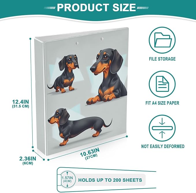 Aslsiy Kids 3 Ring Binder 1.5 Inch Black and Tan Dachshund (2) Girls Round Clipboard Binder Decorative Harcover Binders Organizer for Office School Supply