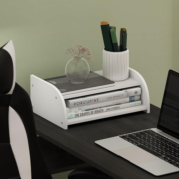Furinno Classic Desk Organizers and Accessories, 2-Tier Monitor Riser, Office Organization, Desk Top Book Shelf, for Office Supplies, Desk Utilities, White
