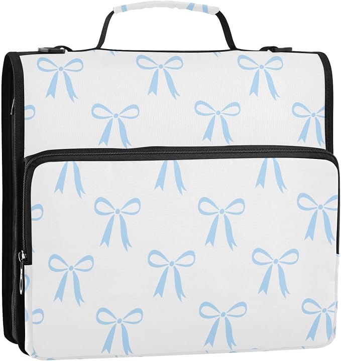 Ribbon Bow White Print Zipper Binder Bag 3 Ring with Shoulder Strap & Handle Multi Pocket Binder Organizer Bag Large Capacity for School Office Supplies
