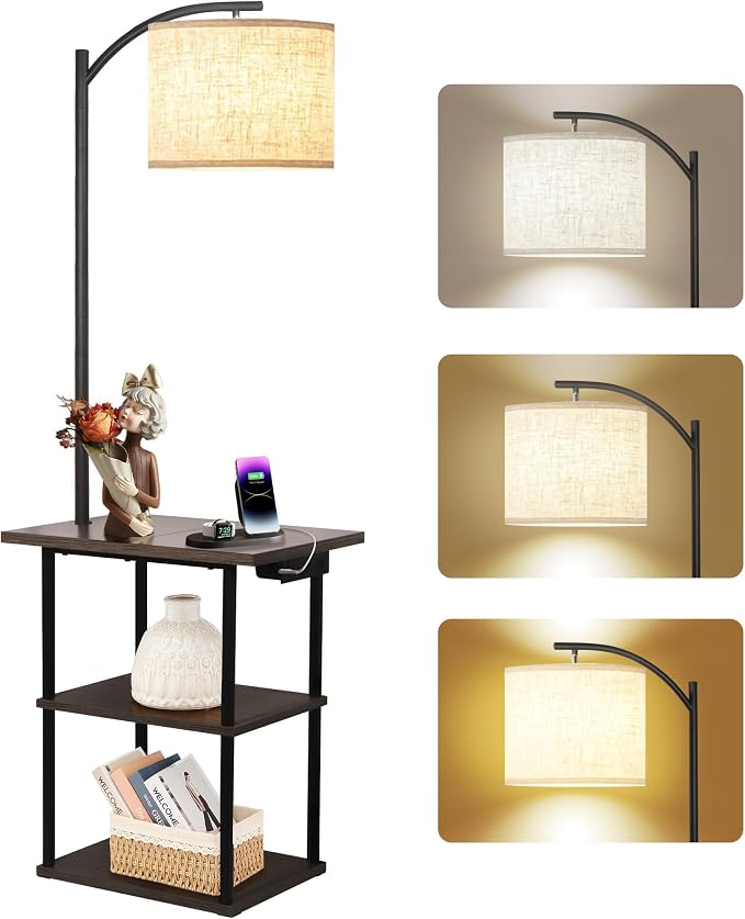 PESRAE Floor Lamp with Table,Lamps for Nightstand with Charging Station(USB & Type-C & AC Port), 3 Color Temperatures 9W LED Bulb, Modern Shelves Side Table for Bedroom, Office