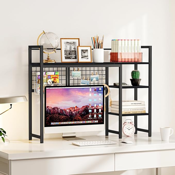 Snughome Desk Shelf, 38.6" Desktop Organizer Shelf, Desk Hutch for Computer Monitor, 4 Tier Desk Display Rack with Pegboard Hooks Set, Wood Desktop Bookshelf for Home Office Dorm, Black