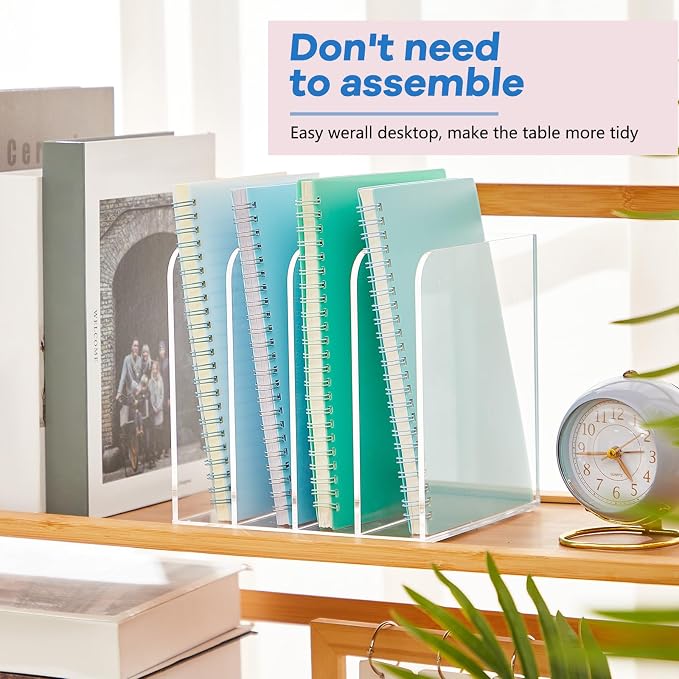 Suzile Clear Acrylic Magazine File Holder with Vertical Compartments Desk Organizer Book Rack for Desk Sorter Paper Folder Office Accessories(Stylish,7 x 6.9 x 6.3 Inch)