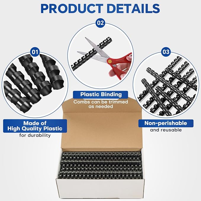 MYFULLY 100 Pack 21-Ring Plastic Binding Spines 3/4" Dia, 180-Sheet | Black Comb Binding Combs for Office and School, Ideal for Reports, Presentations, and Documents with A4 Pages