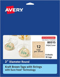 Avery® Kraft Brown Round Tags, Sure Feed® Technology, 2" Diameter, Printable on Both Sides, Includes Strings, 96 Total (80515)