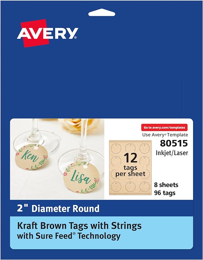Avery® Kraft Brown Round Tags, Sure Feed® Technology, 2" Diameter, Printable on Both Sides, Includes Strings, 96 Total (80515)