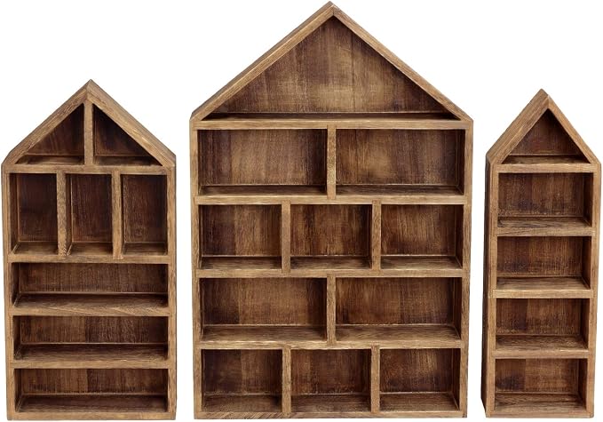 Ikee Design Wooden Shadow Box Display Shelf Organizer | Wall-mountable wood display rack with 5 adjustable shelves for figurines, action figures and collectibles.