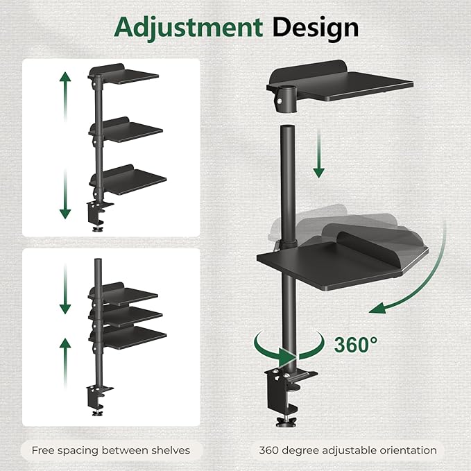 3 Tier Clamp on Desk Shelf, 360° Rotatable Desk Riser, Black | Height Adjustable Desktop Storage Tray with Baffle, Over or Under Desk Organizer Shelf for Office Accessories