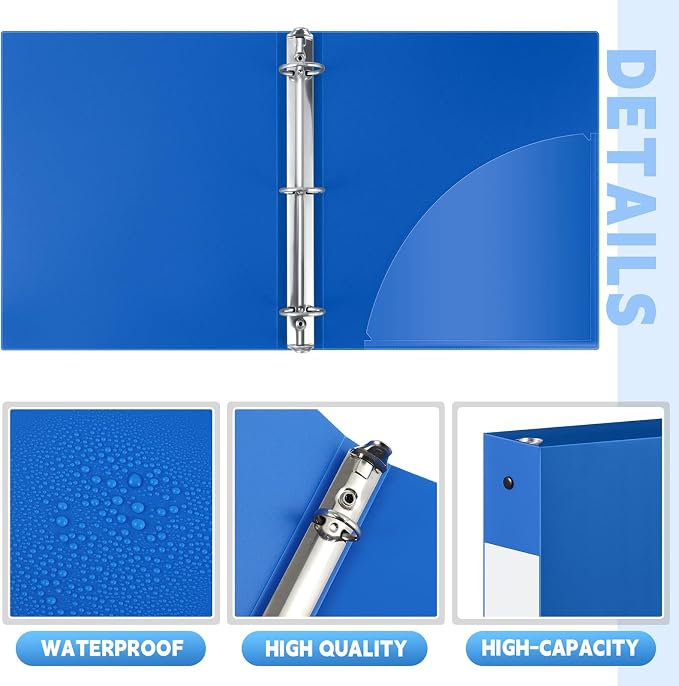 Henoyso 8 Pcs 1.5 Inch 3 Ring Binders, Letter Size,Blue | Binders Bulk, Holds 350 Sheets, Round Rings, Durable Flexible PP Plastic Covers, Pockets Labels, School Office Supplies