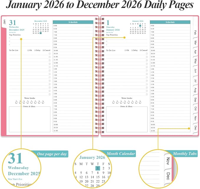 Daily Planner 2026 Full Page Per Day- 2026 Daily & Monthly Planner from January 2026 to December 2026, Day Planner 2026 with 12 Months Tabs, 8.5" x 11", Pink