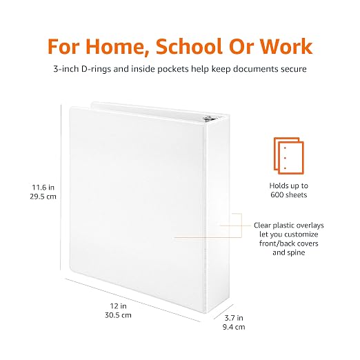 Amazon Basics 3 Ring Binders, 3 Inch D-Ring Organizer for School, Home Office, Paper Storage, White, 2 Pack