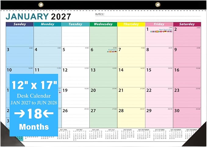 Desk Calendar 2027-2028, Large Desk Calendar 12 x 17, 18 Months | Desktop Blotter Calendar from Jan 2027 to Jun 2028, Monthly Wall Calendar for Office School Home
