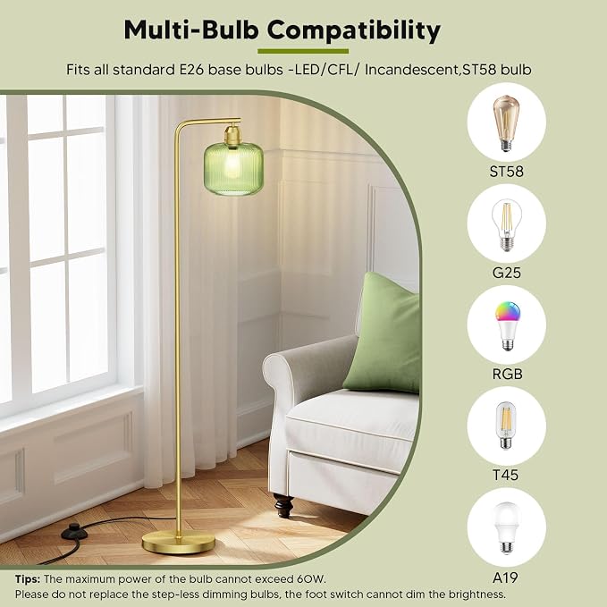 66" Gold Floor Lamp,Standing Lamp with Green Ribbed Glass for Living Room | Vintage Floor Lamp with Brushed Gold Finish,Pedal Switch and 3000K LED Bulb, Arc Floor Lamps for Bedroom & Study Room