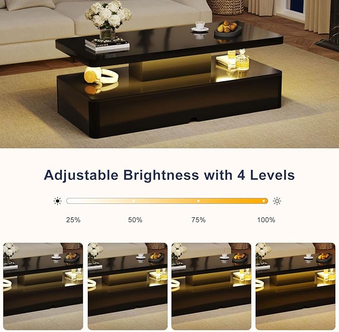 MXV Modern Coffee Table, 40 Inches Coffee Tables with 16 Colors LED Lights, 2 Tier Rectangular Center Table, Large Storage Space, High Glossy Wooden Tea Table for Living Room, Bedroom, Office, Black