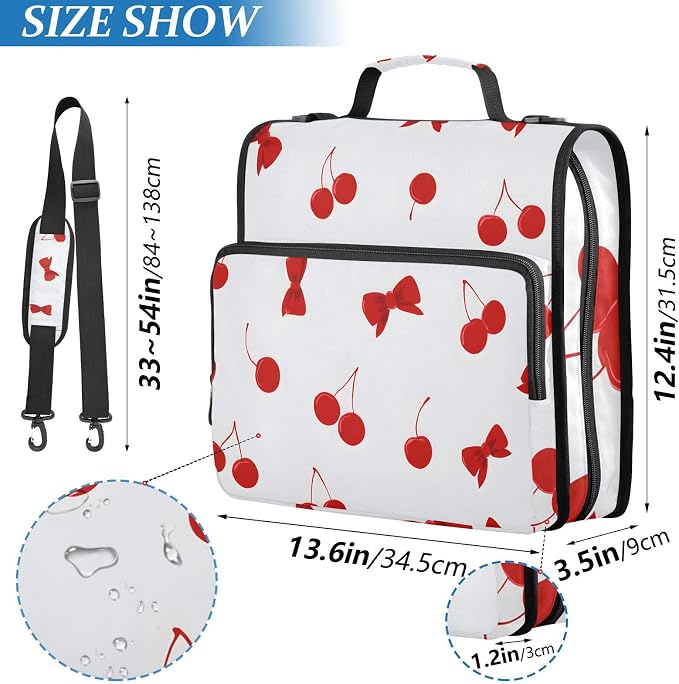 3 D-Ring Zipper Binder Bag, Cherry Red Bow Pattern White Removable Binder with Zipper Case Hold 300+ Sheets& 13 Inch Laptop for School Office Supplies Organizer