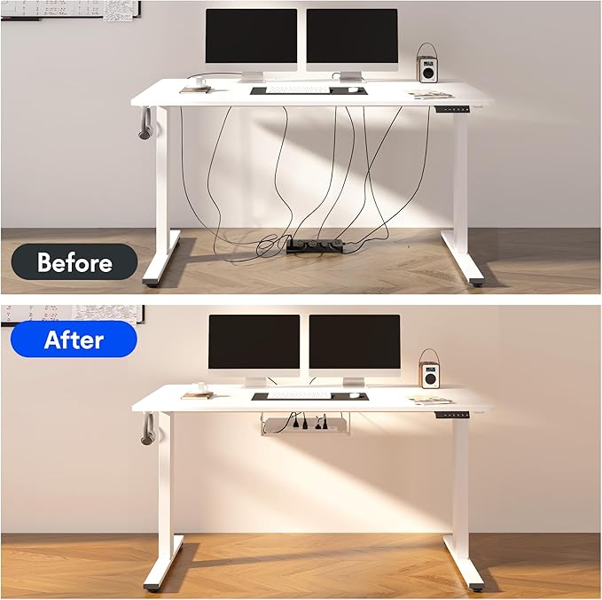 FLEXISPOT EN2 Whole-Piece Standing Desk with Clamp Power Strip, 55 x 28 Electric Stand Up Height Adjustable Desk with Cable Management (Black Frame + 55" White Top, 2 Packages)