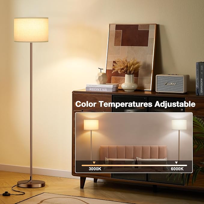 Floor Lamps for Living Room with Remote Control and Stepless Dimmable Colors Temperature & Brightness, 9W Bulb Included(Beige Lampshade & Brown Pole)