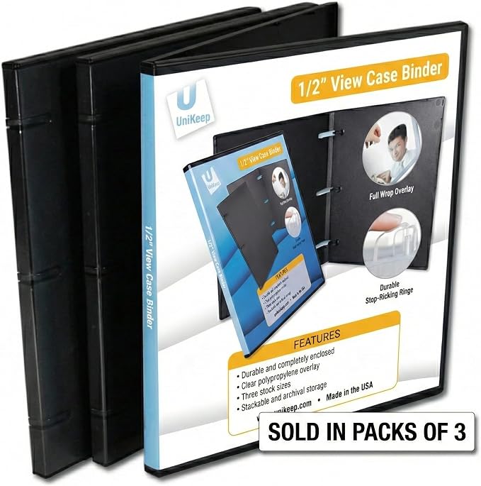UniKeep 3 Ring View Binder - Binder Case is Fully Enclosed - Available in White, Clear, or Black and in Different Spine Sizes (Pack of 3, Black, 0.5 Inch)
