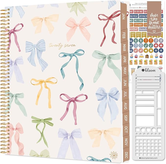 bloom daily planners 2027 Planner for Women (8.5" x 11") - Weekly & Monthly Calendar Year (January to December) Softcover Agenda Book Organizer with Stickers & Stencil - Bows