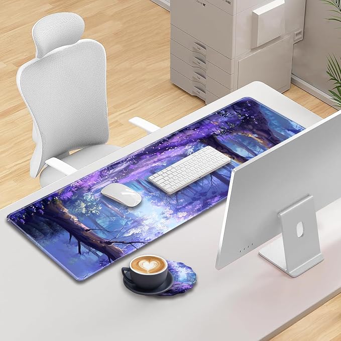 Extended Gaming Mouse Pad 31.5" x 11.8", with Edge Stitching, Non-Slip Rubber Base Keyboard Pad, Suitable for Work, Game, Office, Home and Coasters, Lavender Forest