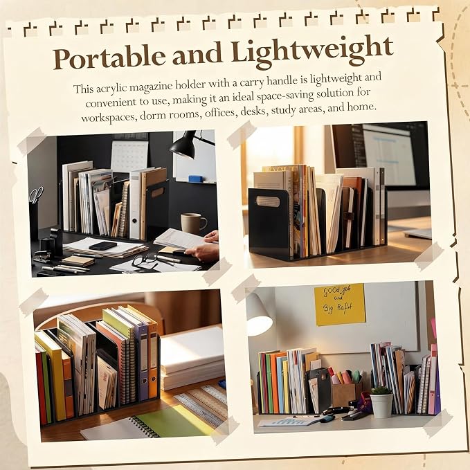 Didaey 1 Pack Acrylic Magazine File Holder, 5 Vertical Compartments Desk Sorter Organizer Magazines Documents Books Accessories Black Folder Rack Binder for Office Home(B5, 5 Sections, Black)