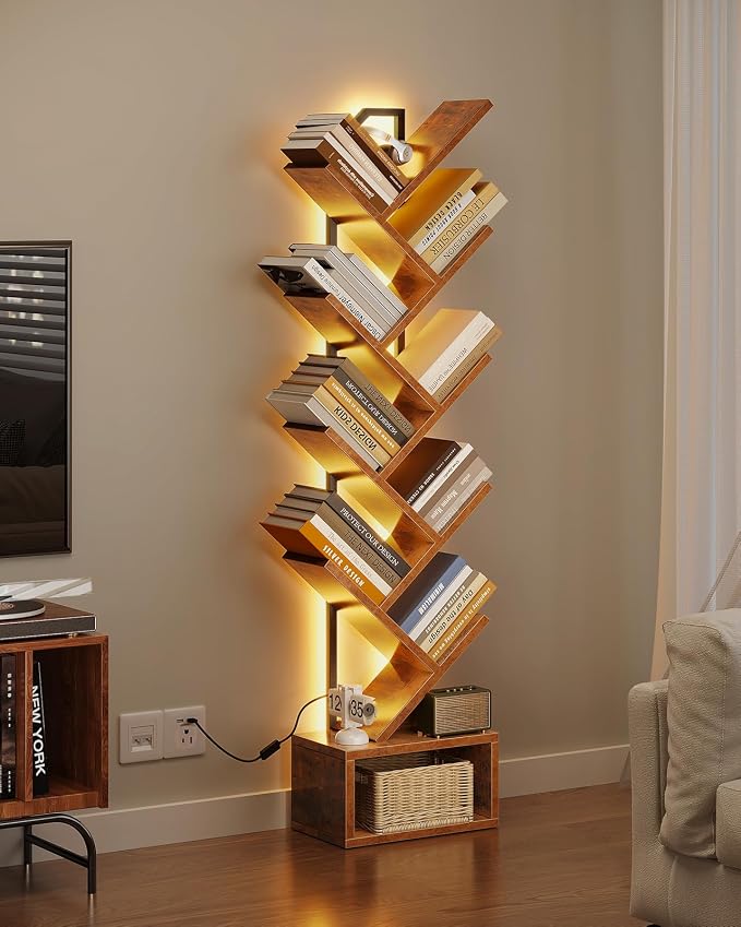 Casaottima Tree Bookshelf with LED Lights, 8-Tier Small Bookshelf, Vintage | Narrow Bookcase for Small Spaces, Steel & Wood Storage Shelf with Cabinet, Home Organizer for Living Room, Bedroom, Office