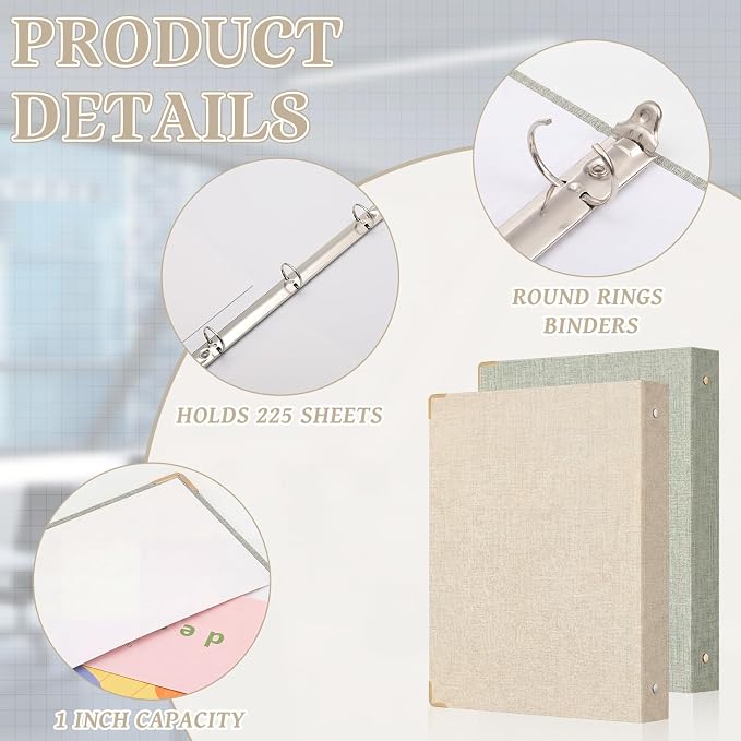 Fulmoon 2 Pcs Aesthetic 3 Ring Binders with Linen Cover 1 Inch Round Rings Binder with Inner Pocket 8.5" x 11" Binder Fits Letter Sized Durable for School Office and Home (Beige, Sage Green)