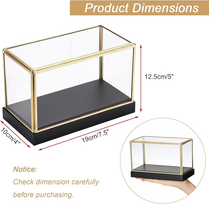 Hipiwe Glass Display Case for Collectibles Vintage Gold Display Case Box | Rectangular Glass Box for Figurine Models Plants Metal Frame Keepsake Box with Black Wood Base, 7.5"x4"x5"