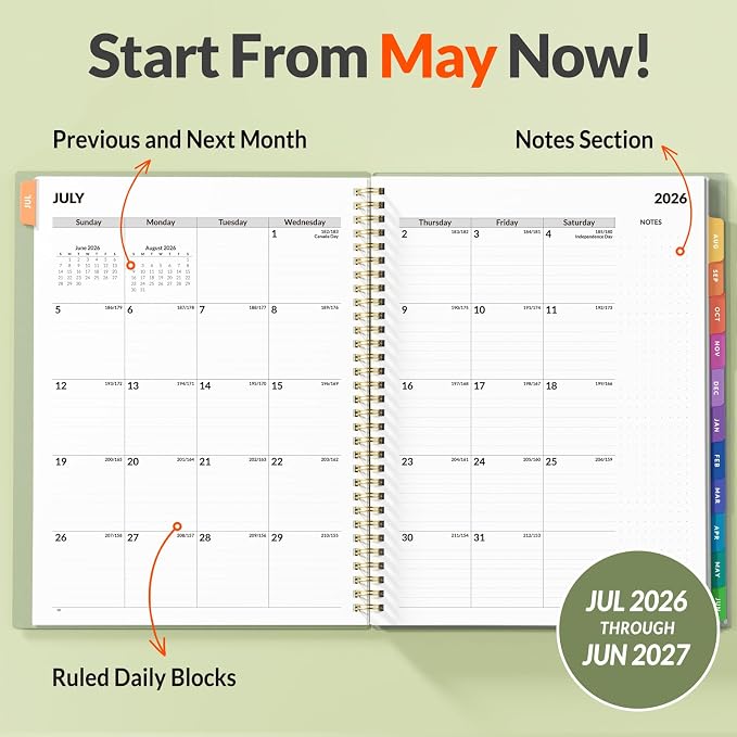 SUNEE 2026-2027 Appointment Book, Quarter-Hourly, Weekly & Monthly - from July 2026 to June 2027, 8.5"x11" Academic Planner, Flexible Cover, Note Pages, Bookmark, Spiral Binding, Sage Green