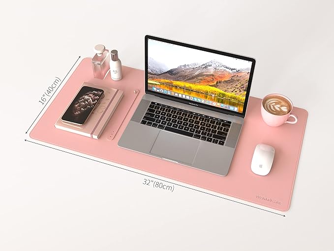 RENMTURE Dual-Sided Mouse Pad, Natural Cork & PU Leather Large Desk Pad for Office and Home Work, Desk Protector Non-Slip, Waterproof, Easy Clean (Pink, 32"x16")