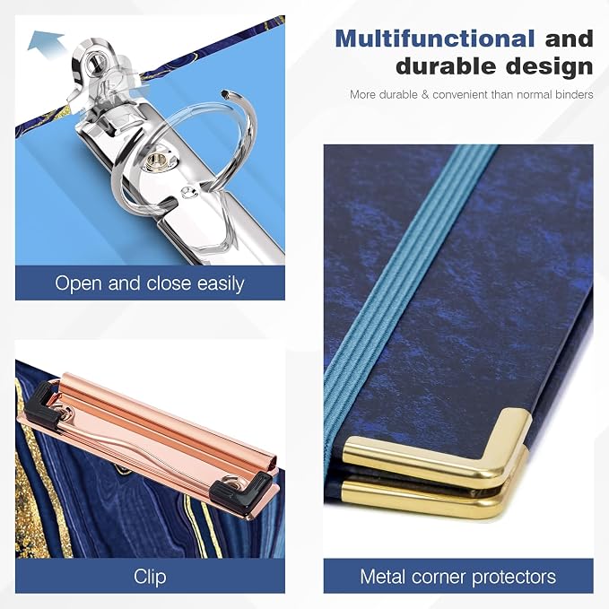 Ospelelf Mini 3-Ring Binder, 1 Inch, Cute Blue Marble Binder for 5.5" x 8.5", with 5 Tab Dividers, File Folder Labels and Low-Profile Clipboards, School and Office Supplies