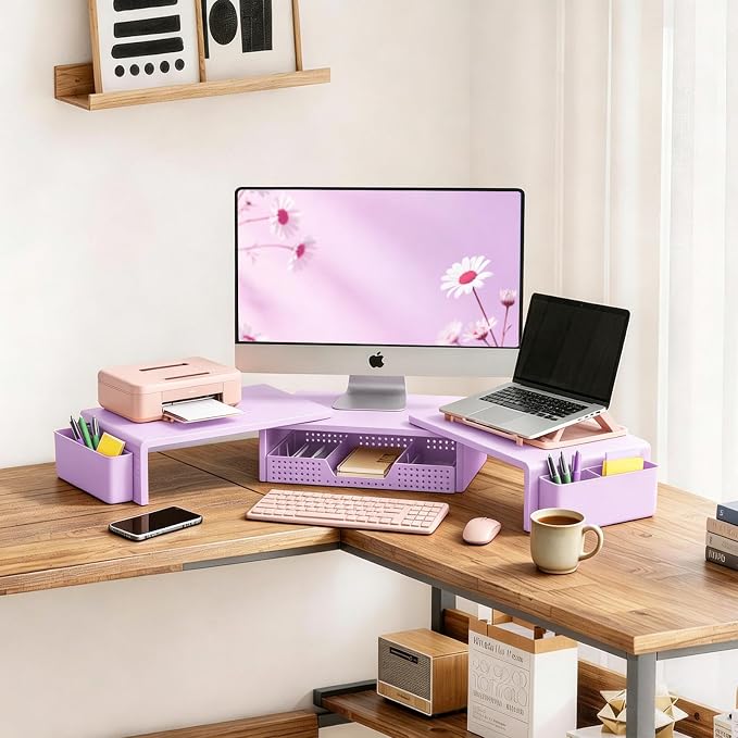 LEKETREE Dual Monitor Stand Riser with Drawer, Desk Organizer and Accessories, Monitor Stand for Desk, Desktop Stand for Computer, Laptop, TV and More (Purple)