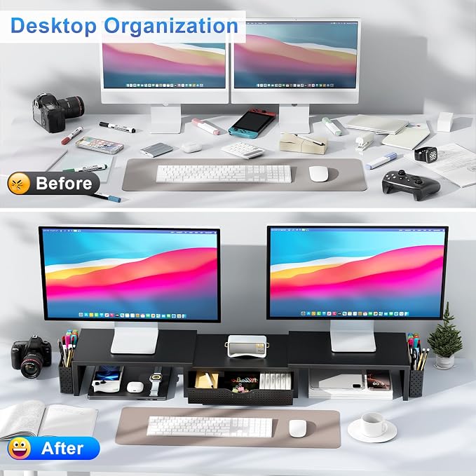gianotter Dual Monitor Stand Riser With Drawer and 2 Pen Holders | Desk Organizer and Accessories Computer Monitor Stand, Desk Shelf for Top of Desk (Black)