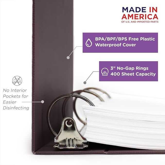 Carstens 3-Inch Heavy Duty 3-Ring Binder - Side Opening, Plum, Durable Plastic, Precision No-Gap Rings, Waterproof Cover, No Pockets, Holds 400 US Letter Sheets, BPA-Free, Made in USA (1711-3R)