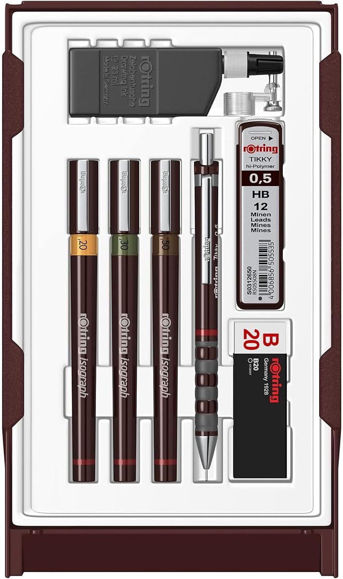 rOtring Isograph Technical Drawing Pen College Set, (0.20, 0.30, 0.50 mm), Includes Pens, Pencil, Eraser, and More - Designed for Precision