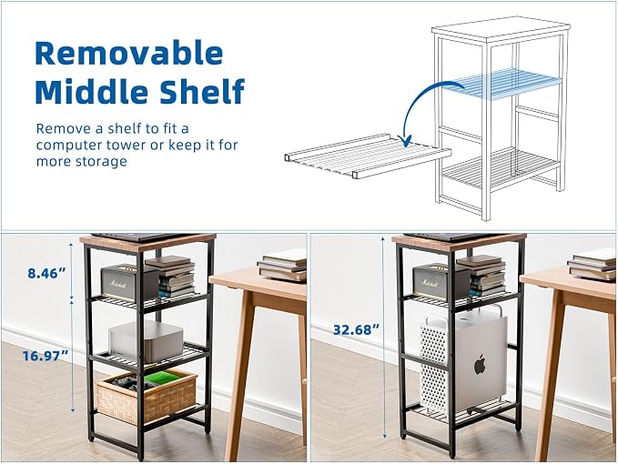 Industrial 3 Tier Printer Stand, Home Printer Wood Table with Wire Storage Shelf for Scanner Fax Machine, Heavy Duty Metal, Rustic Brown with Burly Wood Board