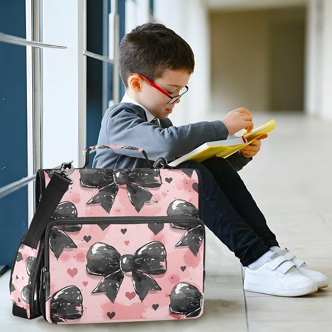 3 Ring Zipper Binder with Shoulder Strap Black Bow Heart Pink 2 Inch Zippered Binder Bag 500 Sheet Capacity Multi Pockets for School Supplies