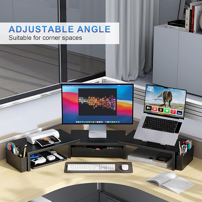 gianotter Dual Monitor Stand Riser With Drawer and 2 Pen Holders | Desk Organizer and Accessories Computer Monitor Stand, Desk Shelf for Top of Desk (Black)