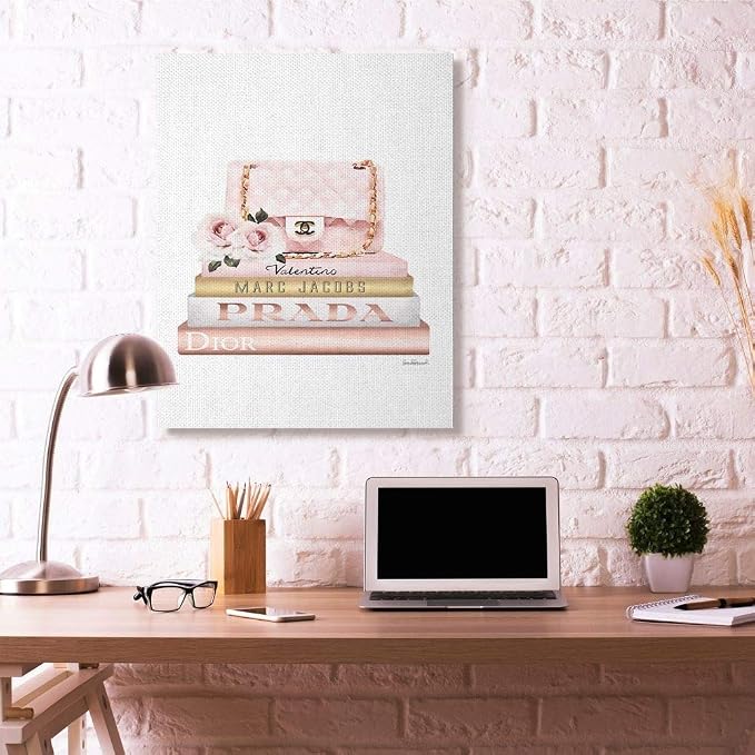 Stupell Industries Pink Purse Gold Bookstack Glam Fashion Watercolor Design, Designed by Amanda Greenwood Wall Art, 36 x 1.5 x 48, Canvas | Stupell Industries | 36 x 48 Inches, Easy to Hang and Sturdy, Made in USA, by Amanda Greenwood