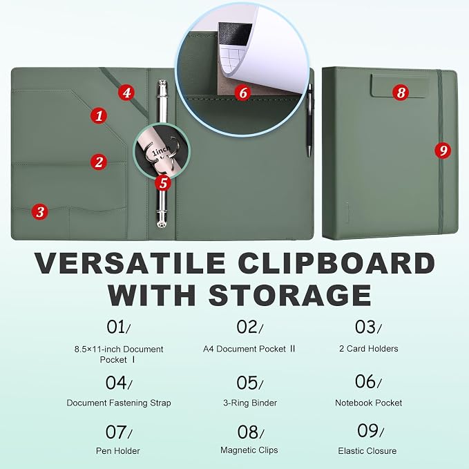 Leathario 1 Inch 3 Ring Binder with Clipboard Storage Vegan Leather | Includes 10 Clear Divider Pockets, 4 Envelope Pockets, 1 Pen Bag and 1 Pen, Suitable for A4/8.5x11 Paper, for Students Work