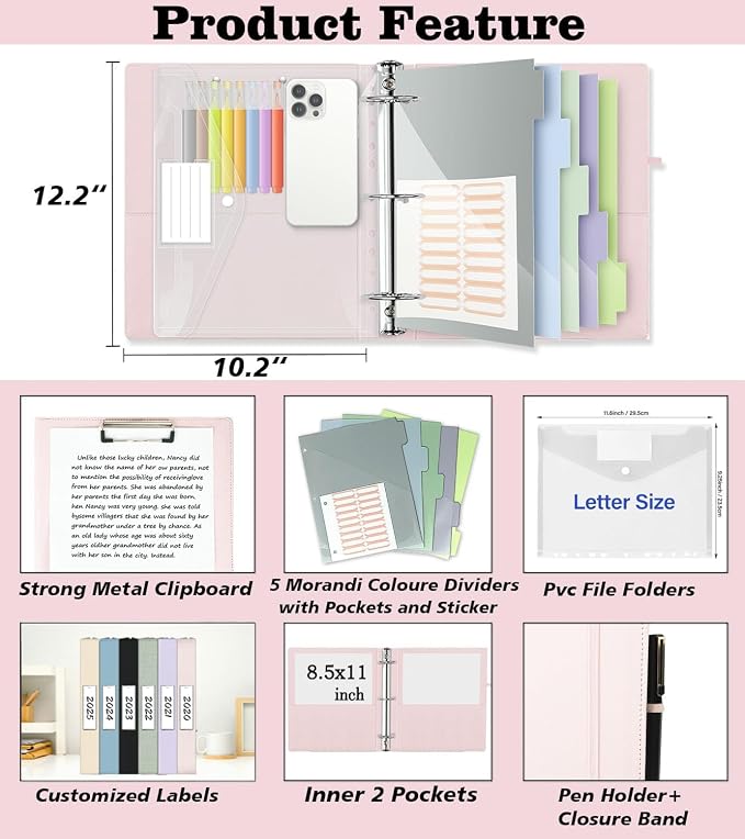 3 Ring Binder, 1 Inch Leather Binders with Clipboards, 5-Tabs Pockets Dividers, 18 Divider Stikers, Plastic Folder, Pen Holder, Three Ring Binder with Pen Holder(Pink, Letter Size)