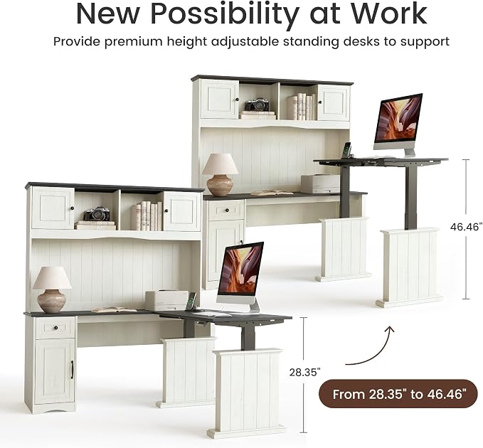 FEZIBO 80x60 L Shaped Electric Standing Desk with Hutch and Drawers, Farmhouse Height Adjustable Sit Stand Desk with Cabinets, Large Corner Home Office Computer Desk with Power Outlets, Antique White